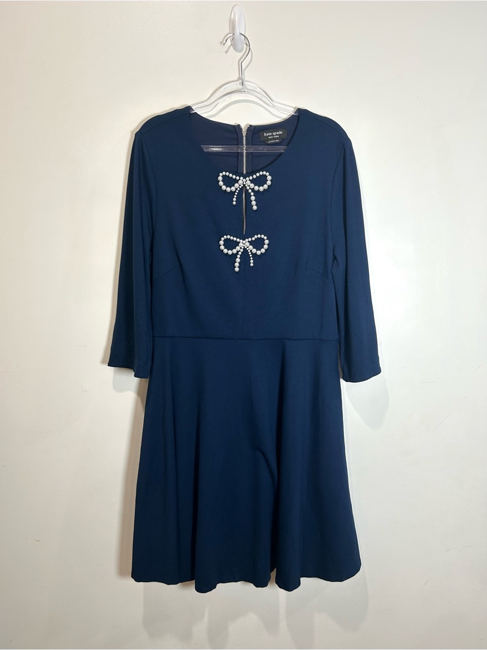Kate Spade A-line Dress Pearl Bows Women’s XL Navy Blue Stretch Pockets Dressy - Picture 10 of 15